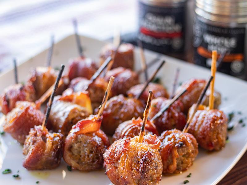 Beer Bratwurst Bacon Wrapped Bites