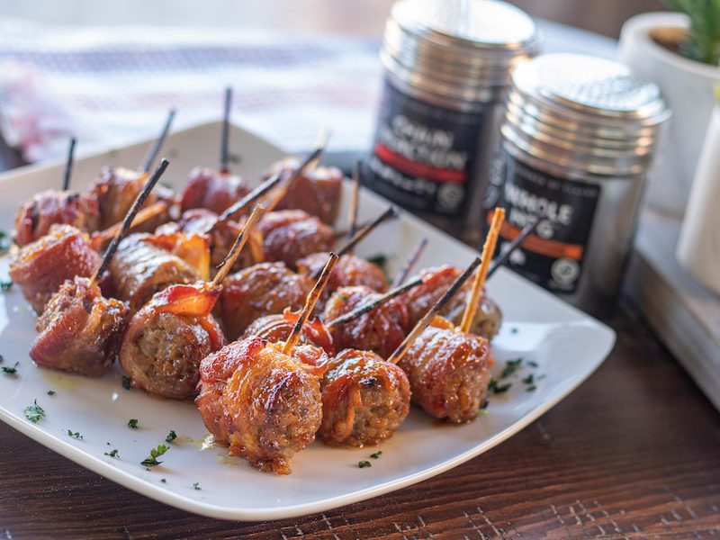 Beer Bratwurst Bacon Wrapped Bites