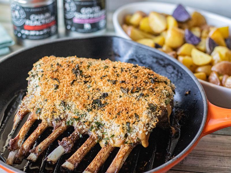 Herb Crusted Lamb Rack with Roasted Potatoes - Casa M Spice Co