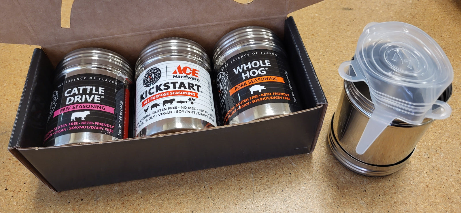 Build Your Own 3-Pack — open Mini Ranch Pack® gift box with three stainless steel shakers and silicone lid