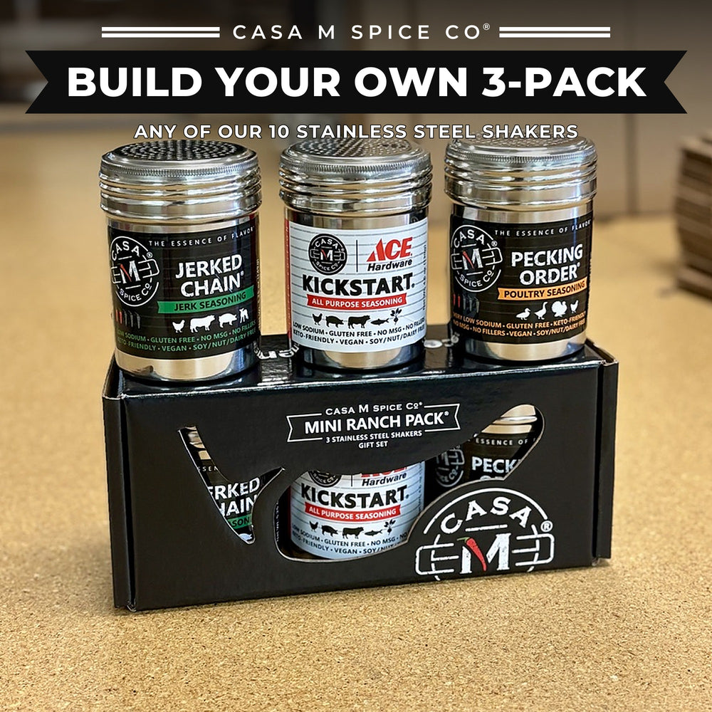Casa M Spice Co® Build Your Own 3-Pack — any of our 10 stainless steel shakers in the Mini Ranch Pack® gift box