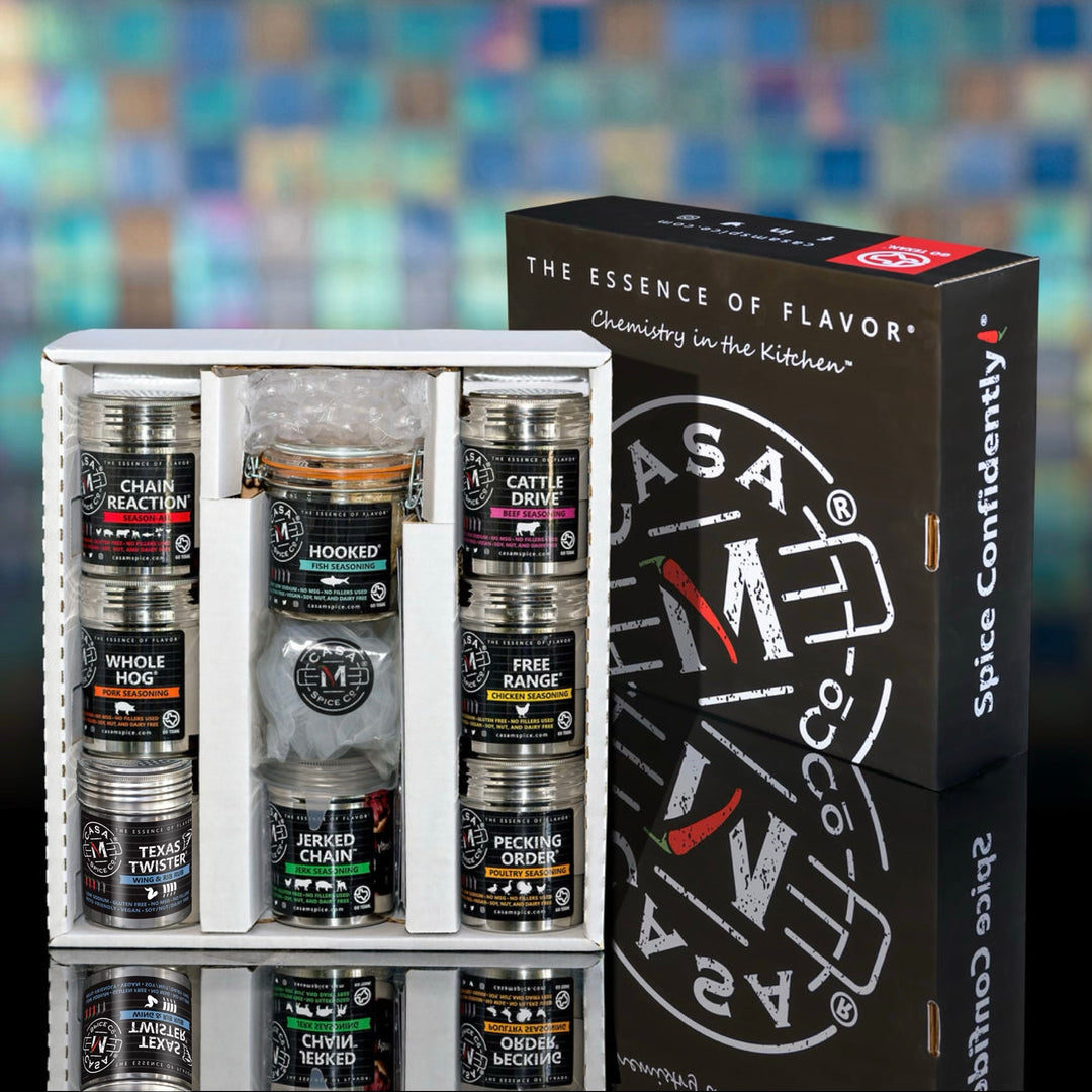 Casa M Spice Co Stainless Shaker Gift Set - 8 seasonings: Chain Reaction, Whole Hog, Texas Twister, Hooked, Jerked Chain, Cattle Drive, Free Range, Pecking Order