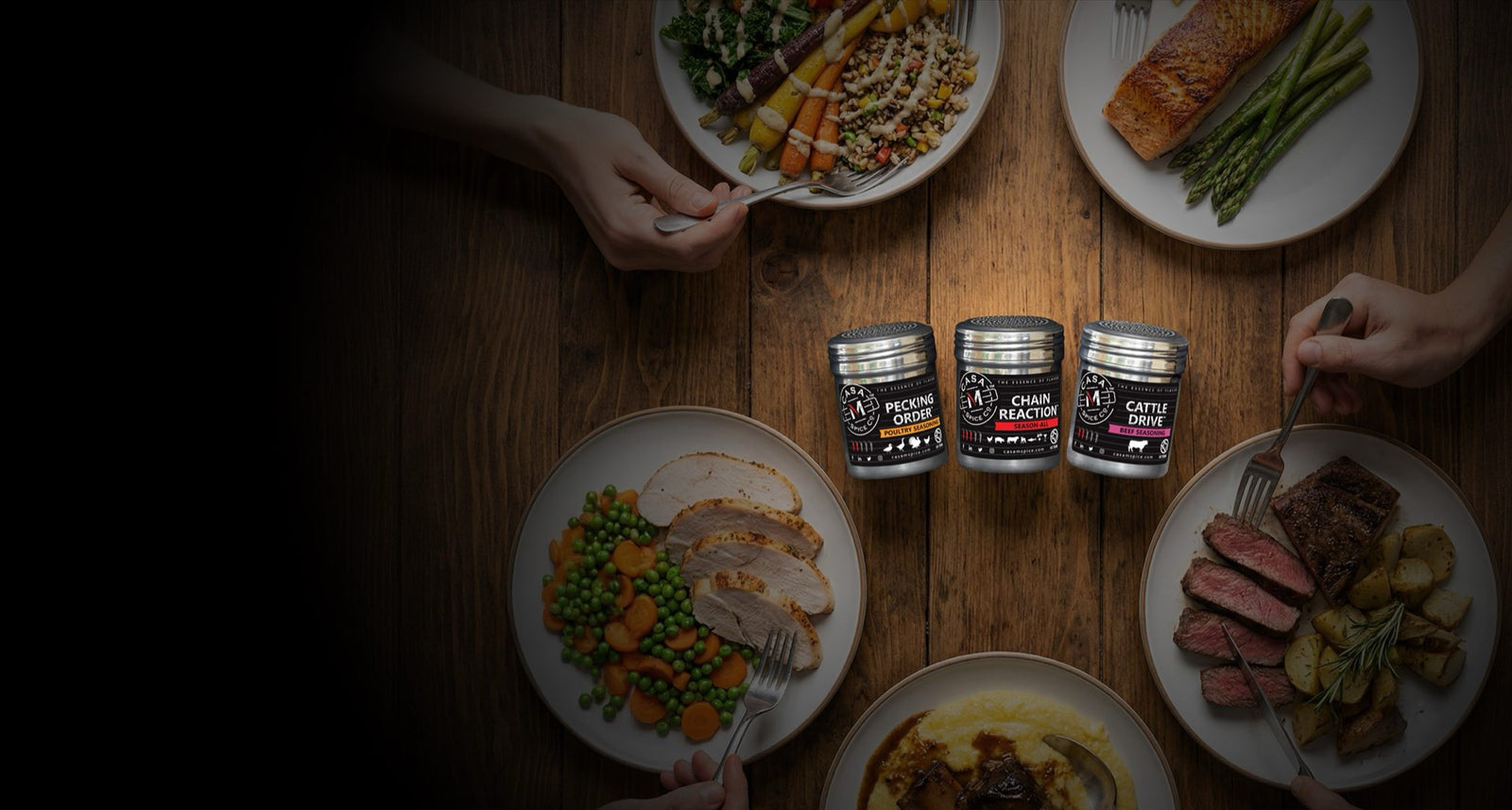 A table set with Casa M Spice Co seasoned dishes