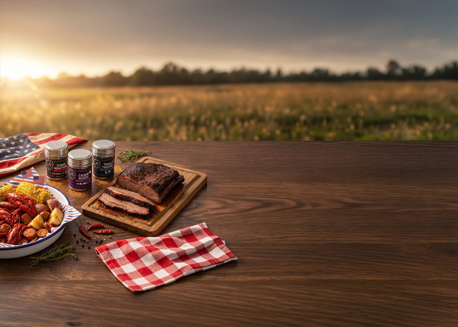 Smoked brisket, crawfish boil and corn spread out on a ranch table at sunset